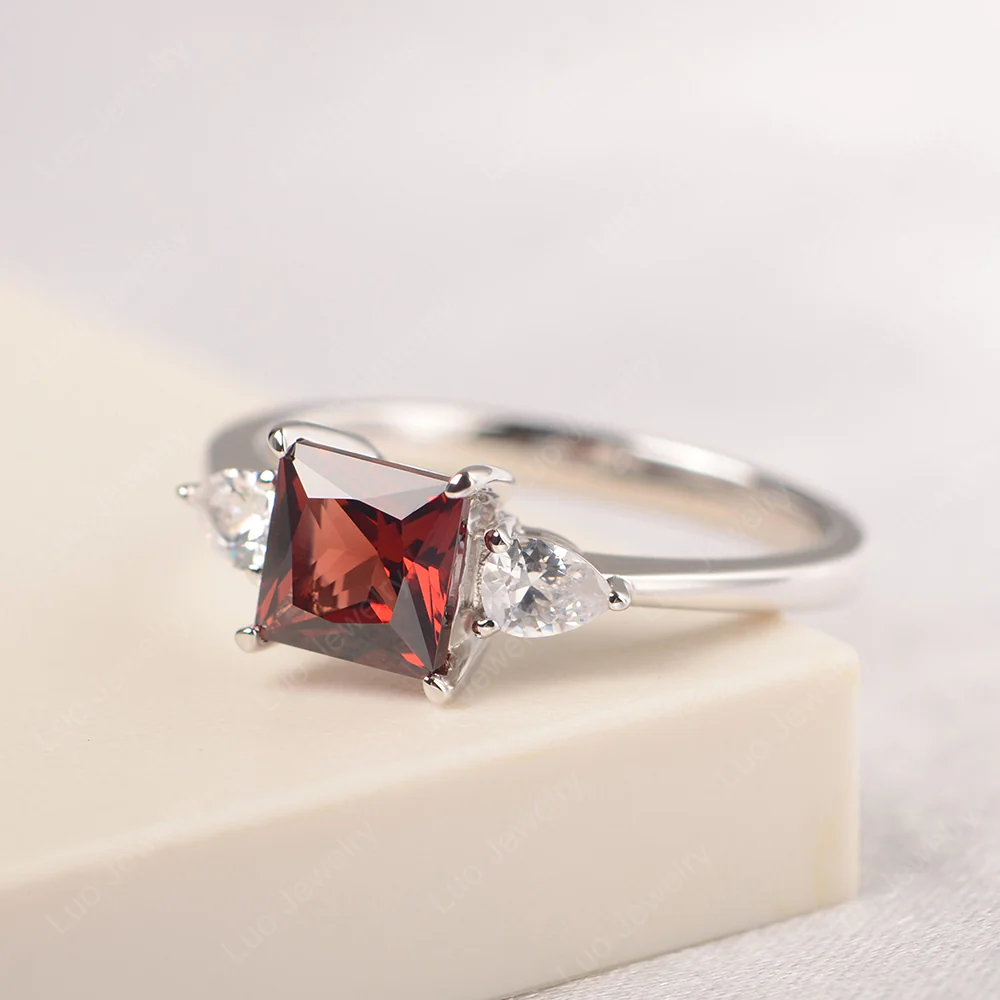 Princess Cut Garnet Ring with Pear Side Stone - Image 2