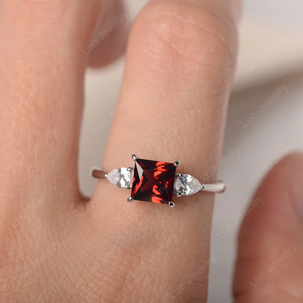 Princess Cut Garnet Ring with Pear Side Stone - Image 5