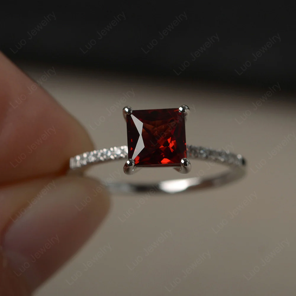 Princess Cut Garnet Ring with Thin Band