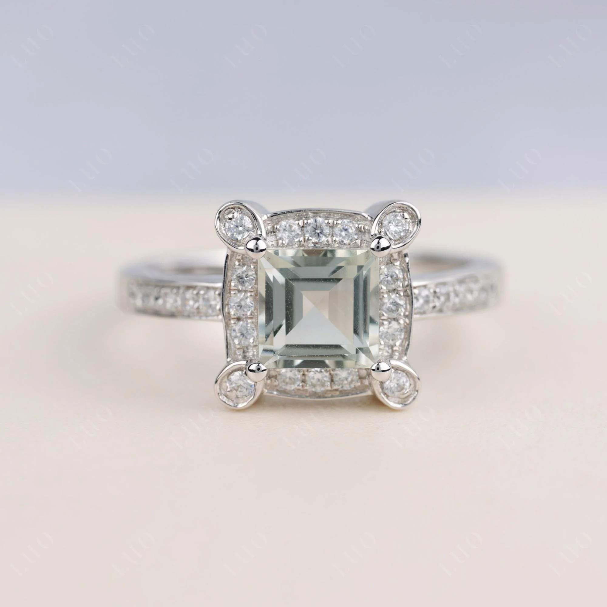 Princess Cut Green Amethyst Halo Statement Ring