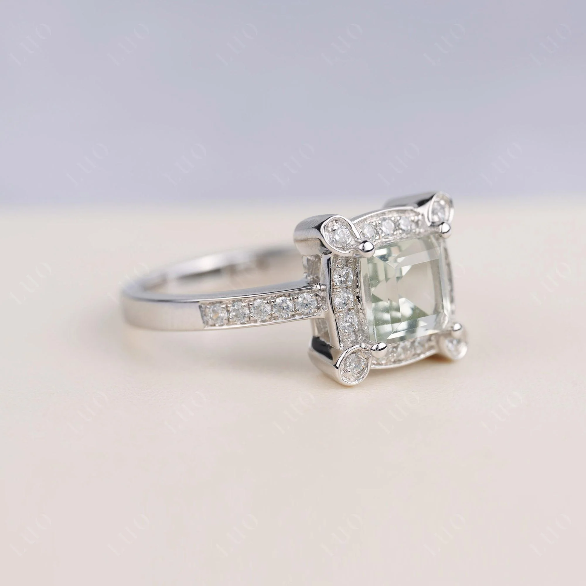 Princess Cut Green Amethyst Halo Statement Ring - Image 2