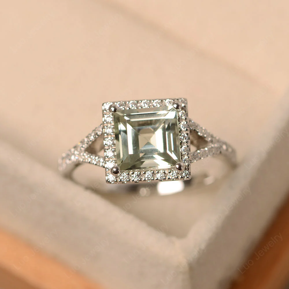Square Cut Green Amethyst Split Shank Halo Ring