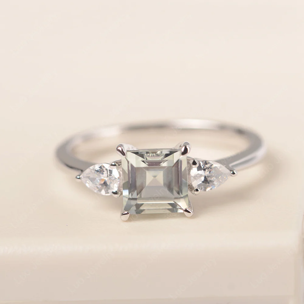 Square Cut Green Amethyst Ring with Pear Side Stone