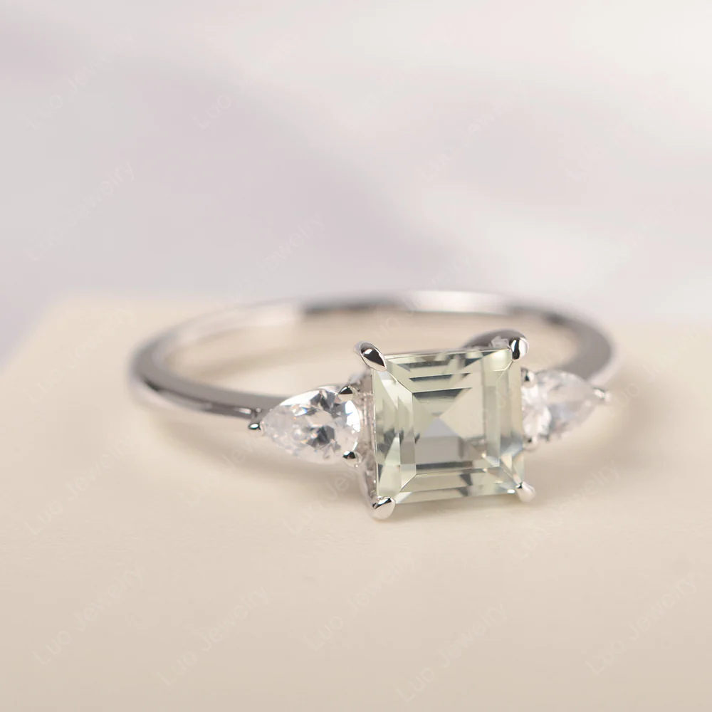 Square Cut Green Amethyst Ring with Pear Side Stone - Image 2