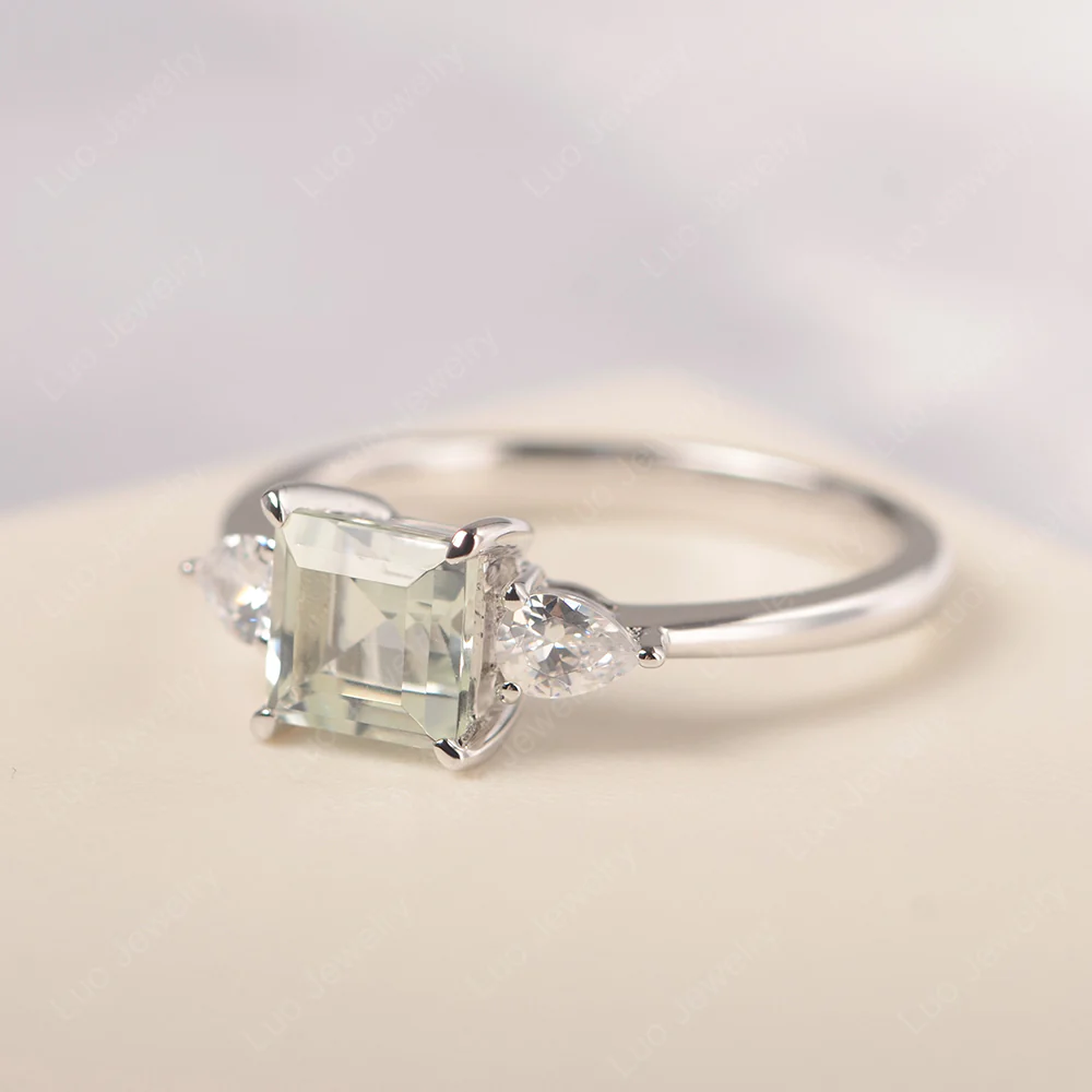 Square Cut Green Amethyst Ring with Pear Side Stone - Image 3