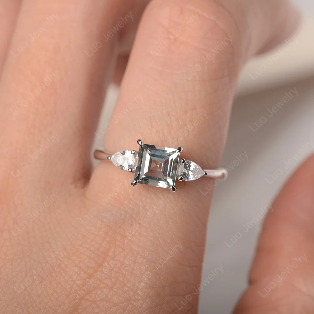 Square Cut Green Amethyst Ring with Pear Side Stone - Image 6