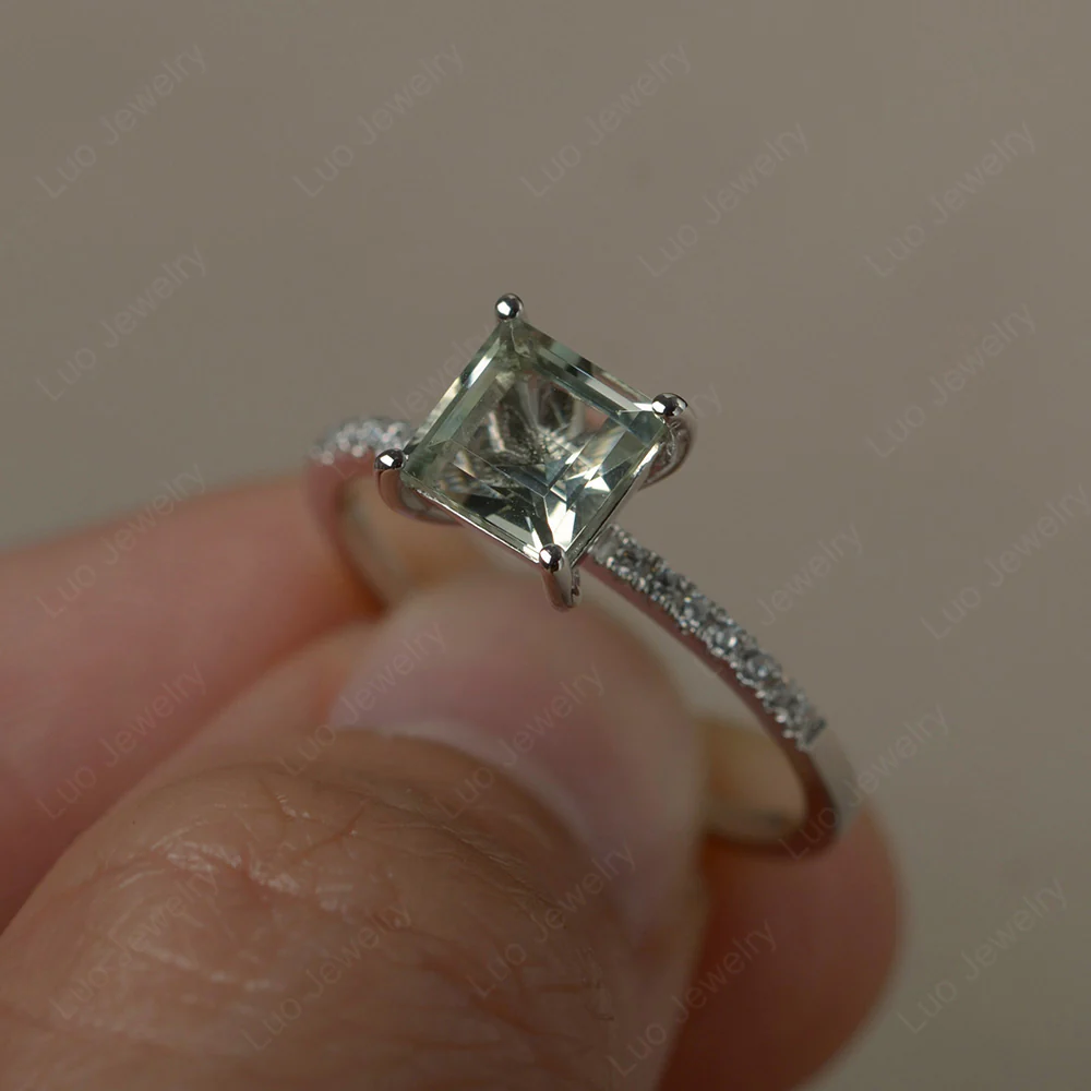 Square Cut Green Amethyst Ring with Thin Band - Image 2