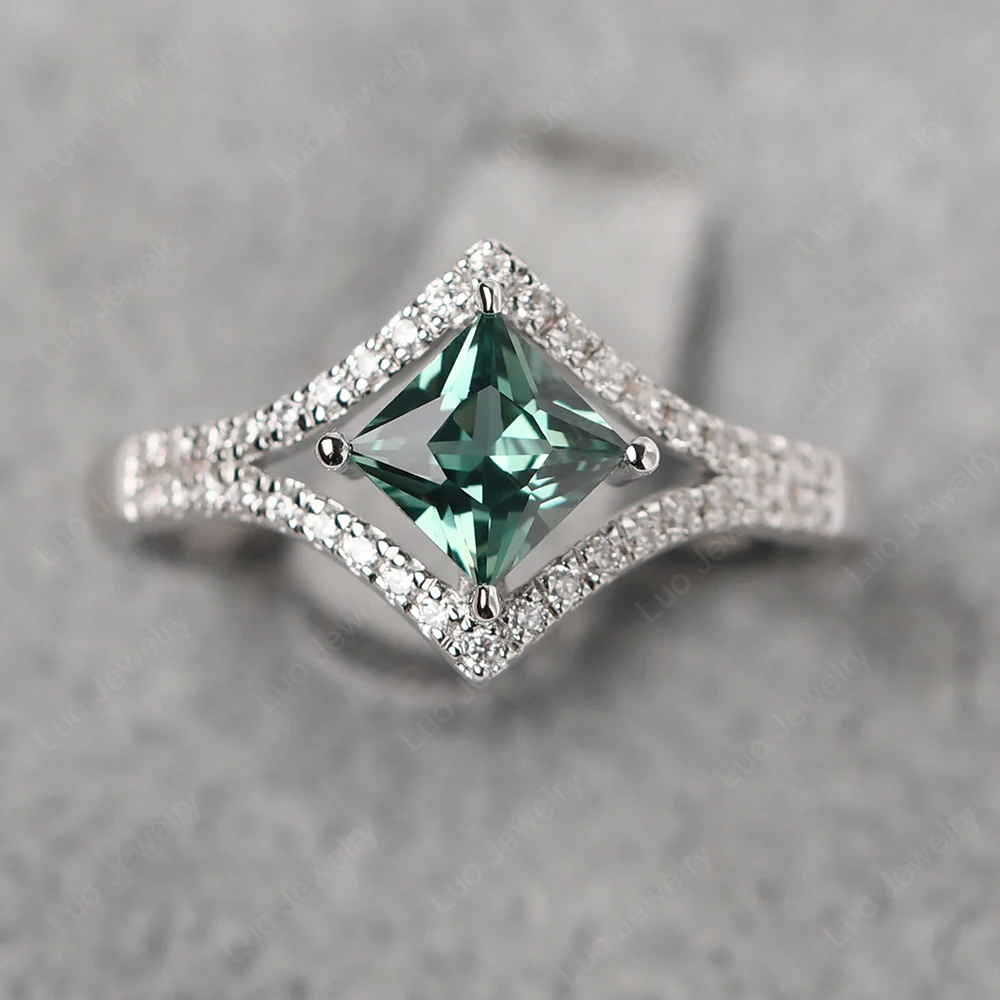 Princess Cut Green Sapphire Kite Set Halo Ring