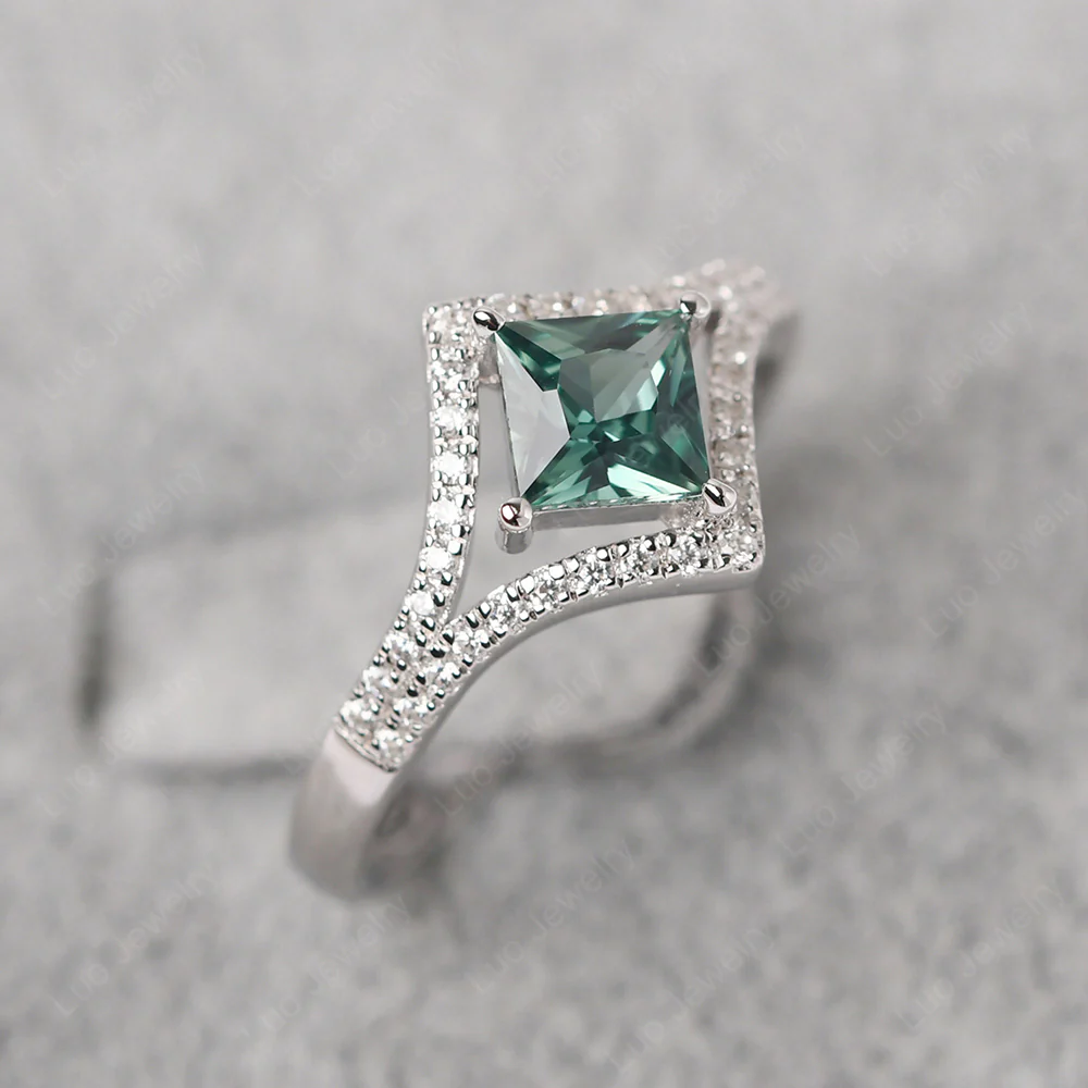 Princess Cut Green Sapphire Kite Set Halo Ring - Image 2