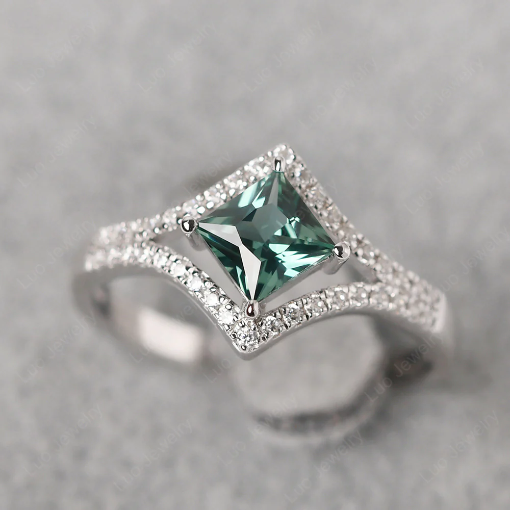 Princess Cut Green Sapphire Kite Set Halo Ring - Image 3