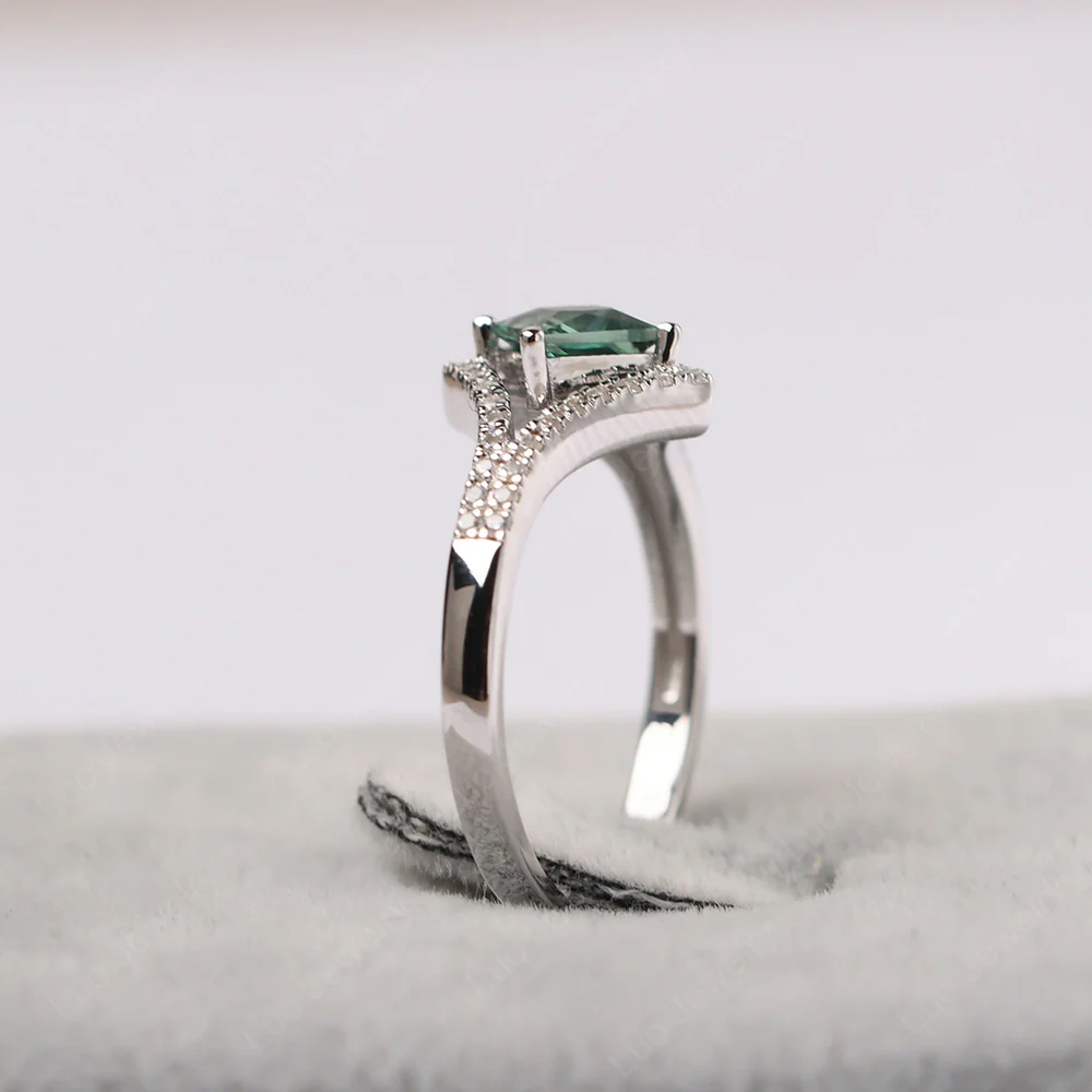 Princess Cut Green Sapphire Kite Set Halo Ring - Image 5