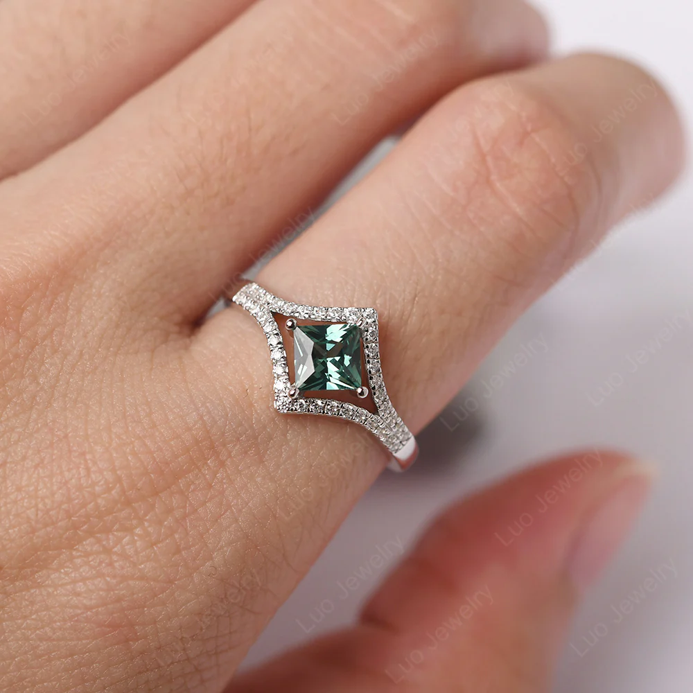 Princess Cut Green Sapphire Kite Set Halo Ring - Image 6
