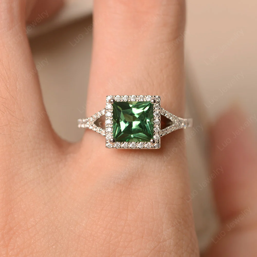 Princess Cut Green Sapphire Split Shank Halo Ring - Image 6