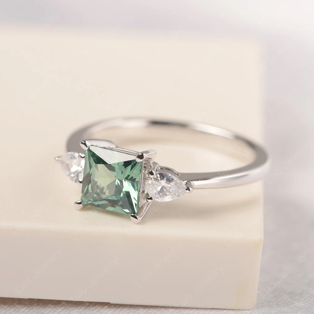 Princess Cut Green Sapphire Ring with Pear Side Stone - Image 2