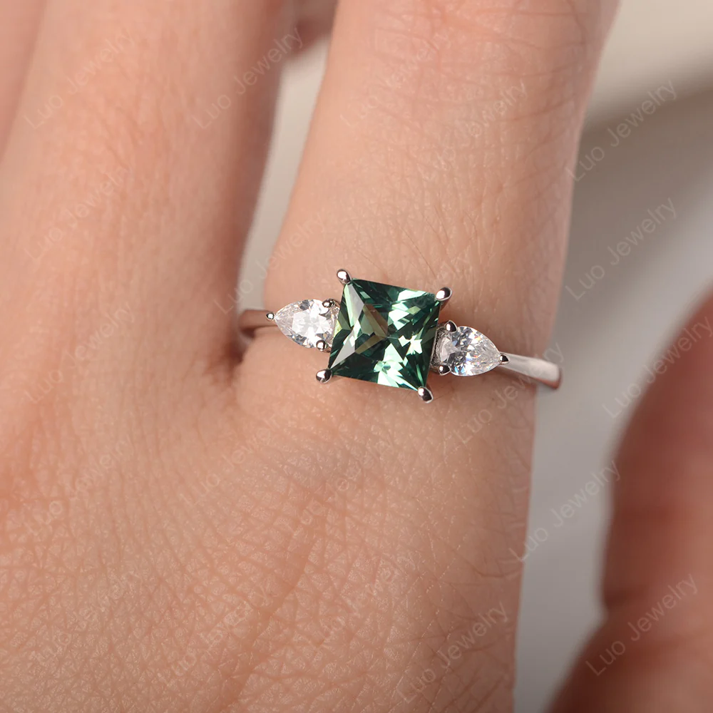 Princess Cut Green Sapphire Ring with Pear Side Stone - Image 5