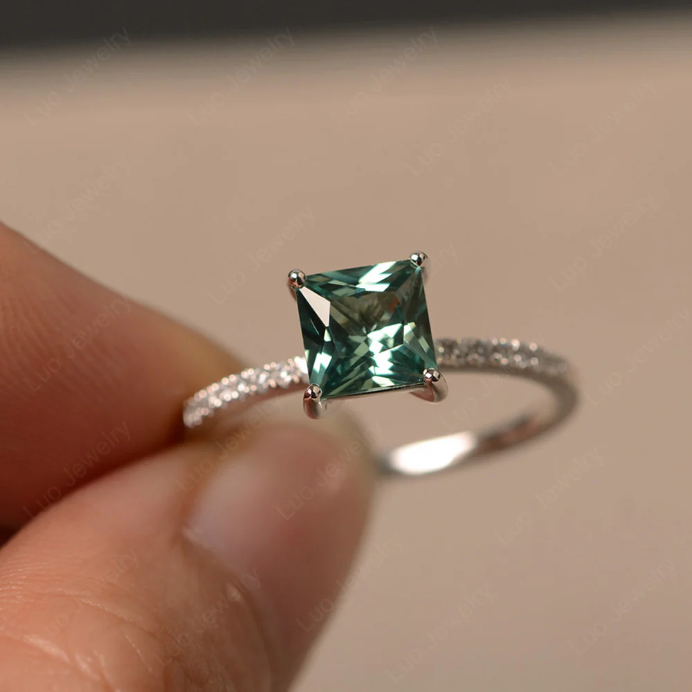 Princess Cut Green Sapphire Ring with Thin Band