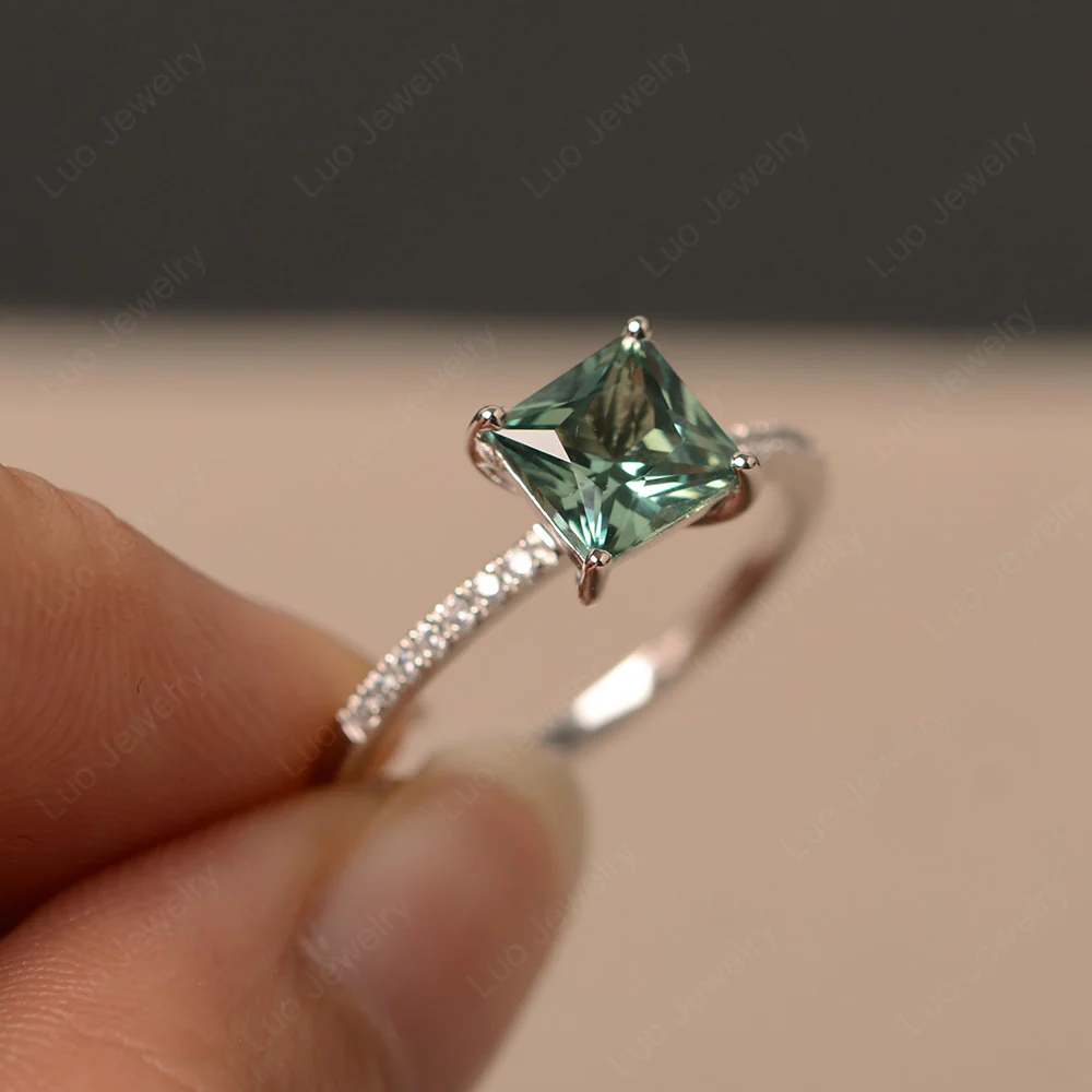 Princess Cut Green Sapphire Ring with Thin Band - Image 2