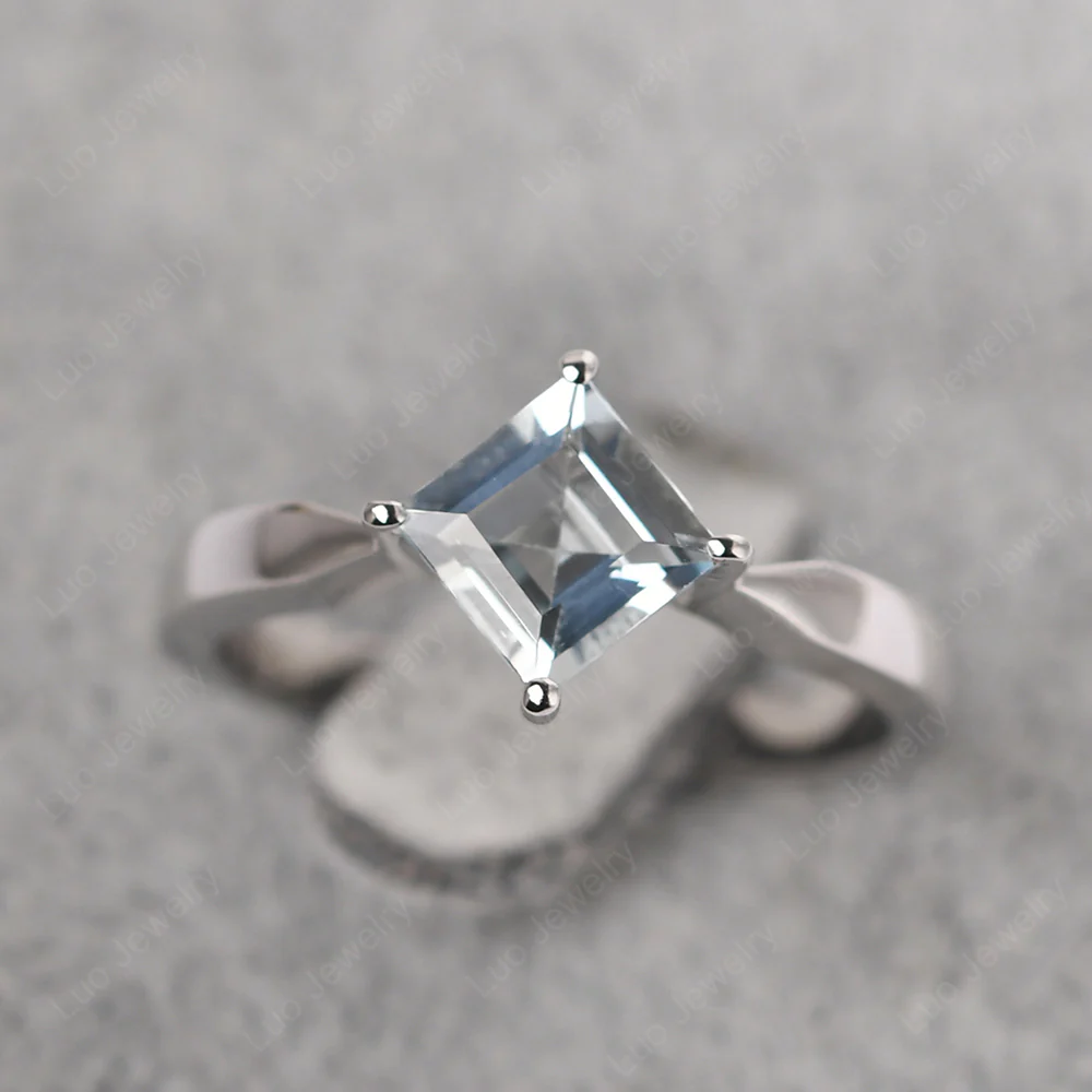 Square Cut Kite Set Aquamarine Solitaire Ring - Image 2