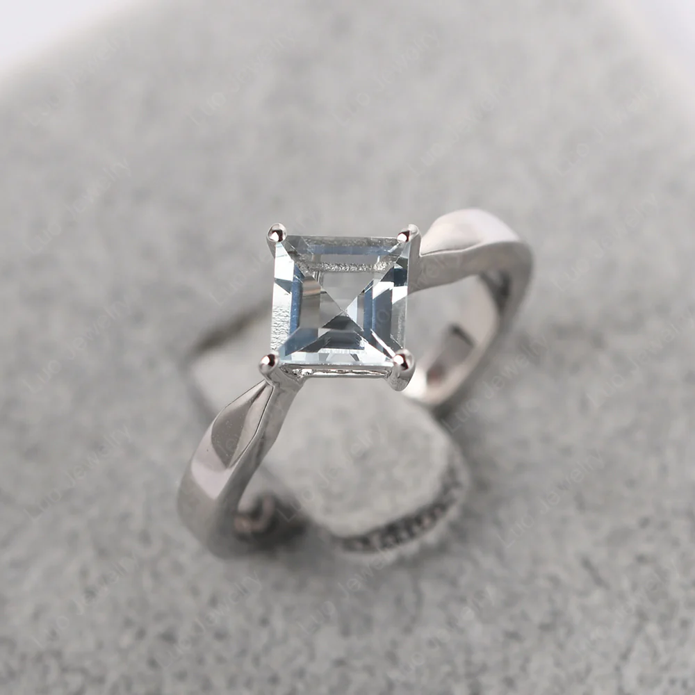 Square Cut Kite Set Aquamarine Solitaire Ring - Image 4