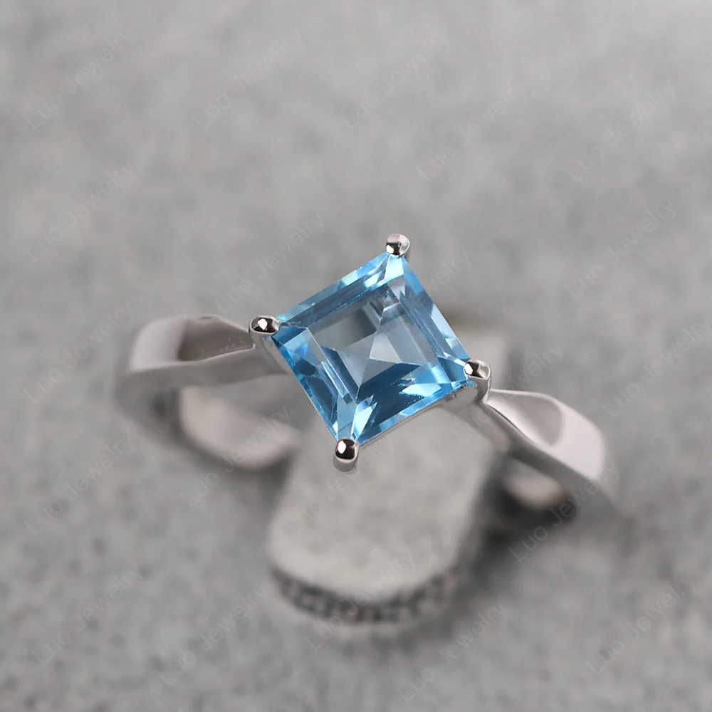 Square Cut Kite Set Swiss Blue Topaz Solitaire Ring - Image 2