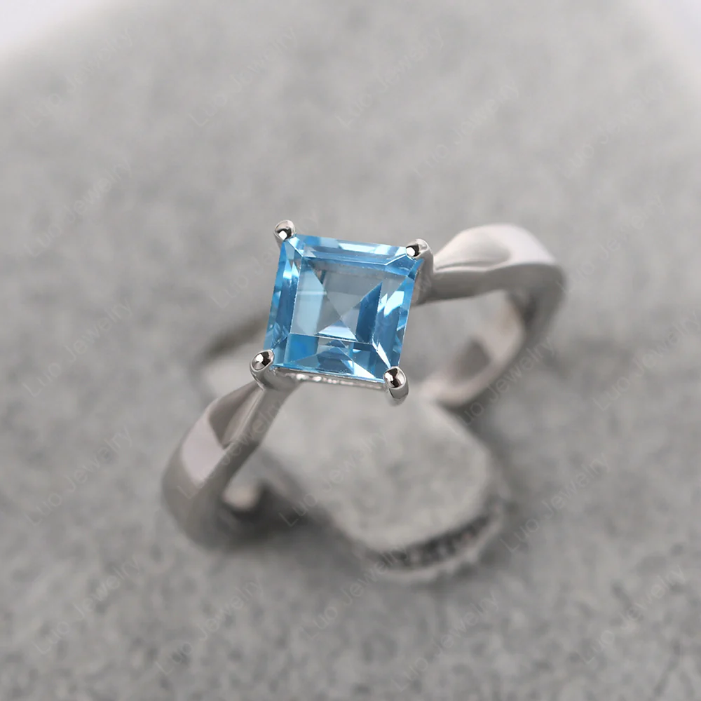 Square Cut Kite Set Swiss Blue Topaz Solitaire Ring - Image 3