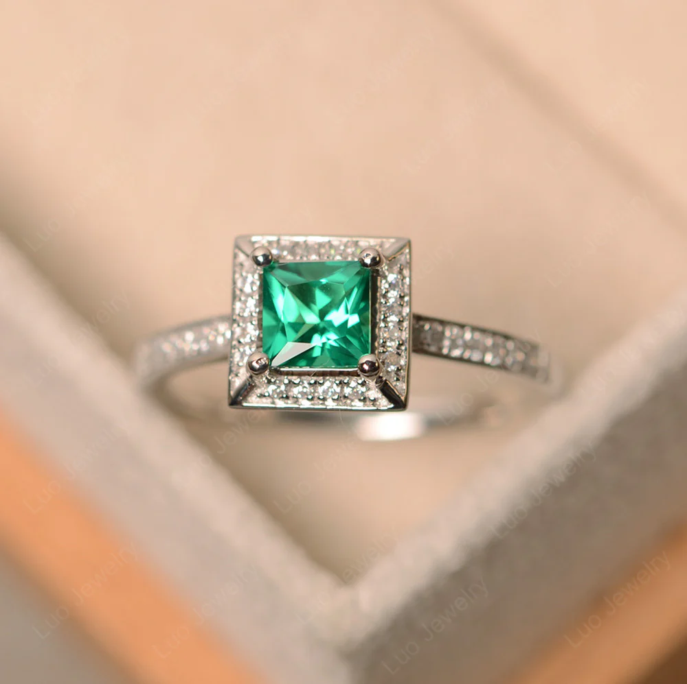 Princess Cut Emerald Halo Ring