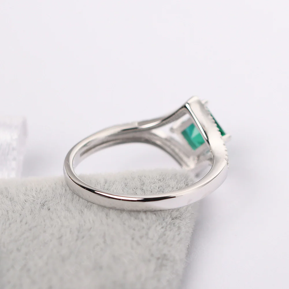 Princess Cut Emerald Kite Set Halo Ring - Image 4