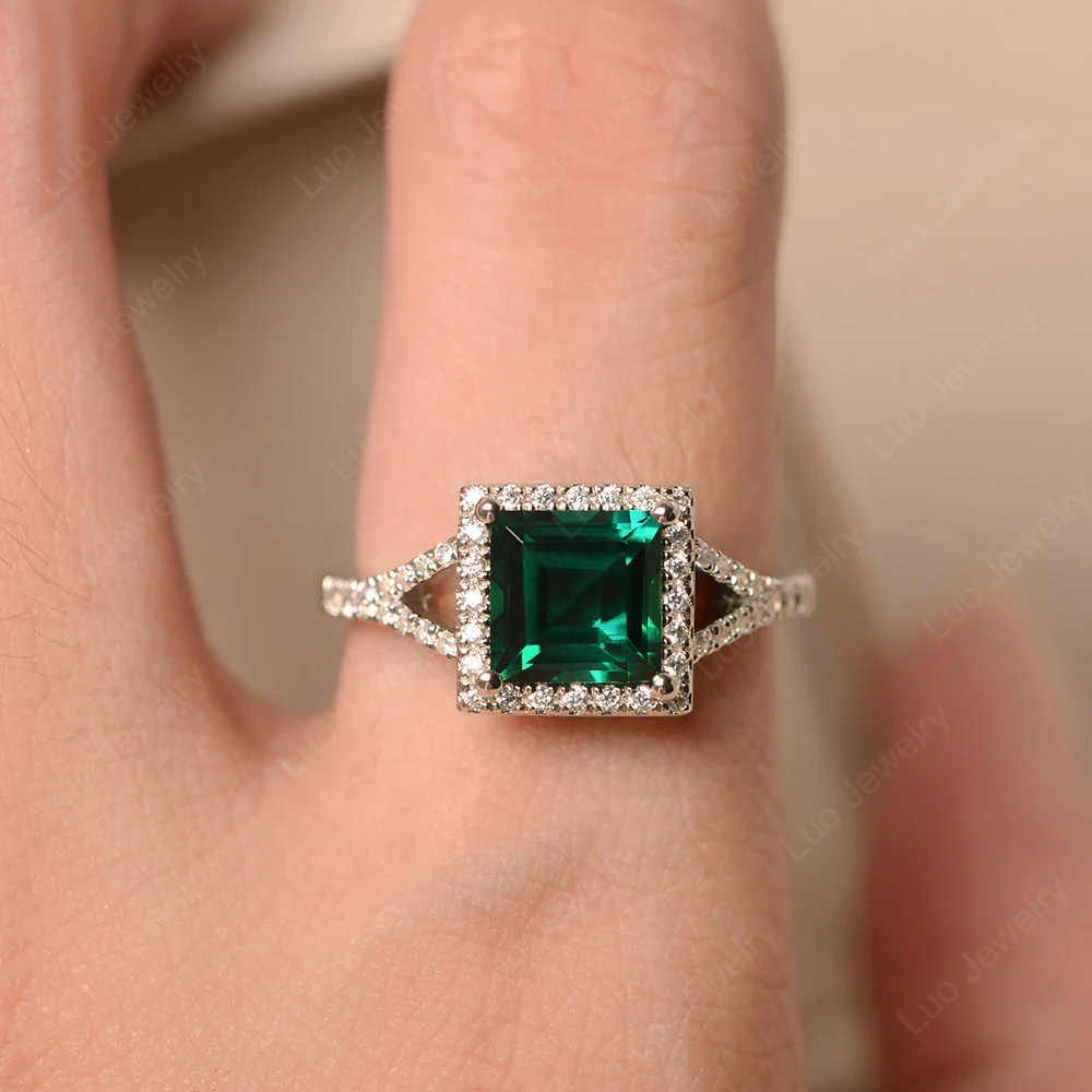 Square Cut Emerald Split Shank Halo Ring - Image 5