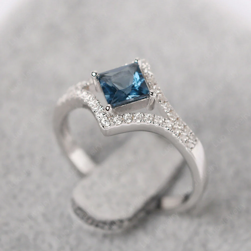 Princess Cut London Blue Topaz Kite Set Halo Ring - Image 2