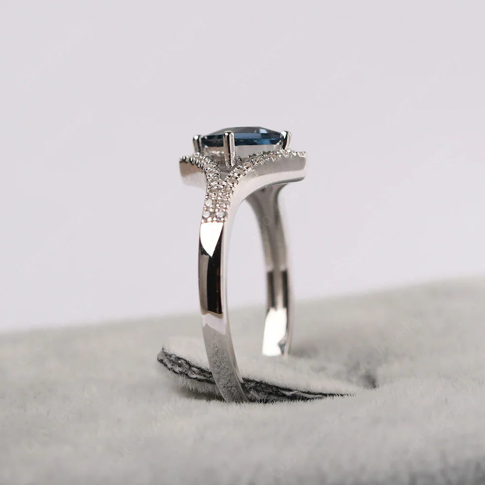 Princess Cut London Blue Topaz Kite Set Halo Ring - Image 4