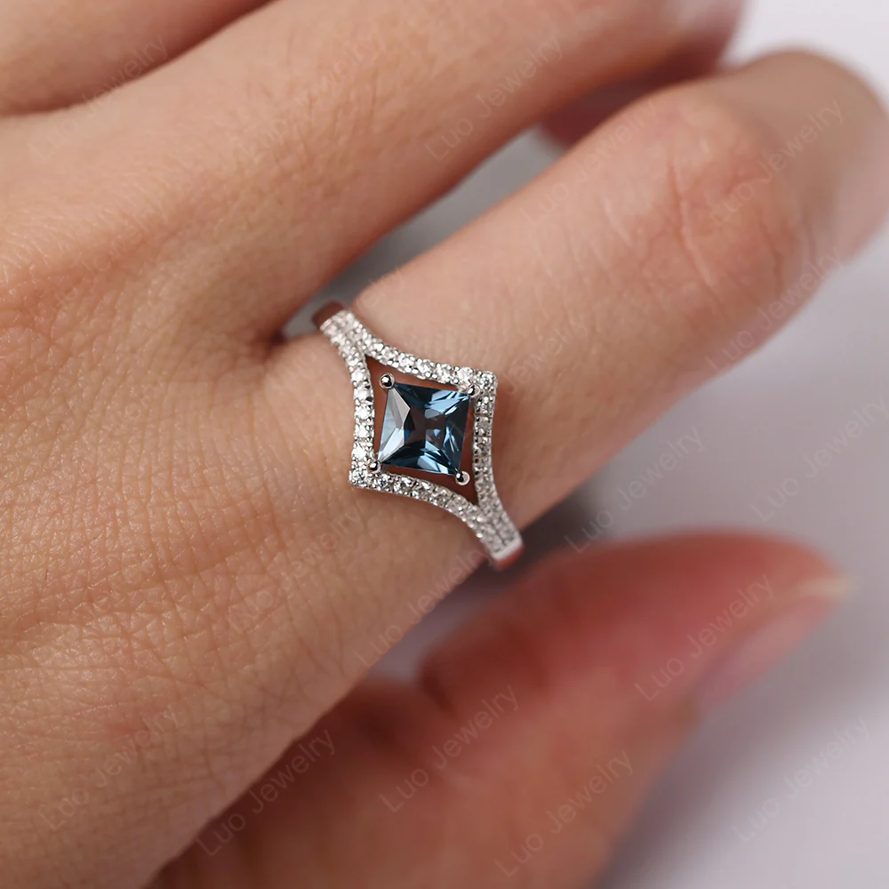 Princess Cut London Blue Topaz Kite Set Halo Ring - Image 5