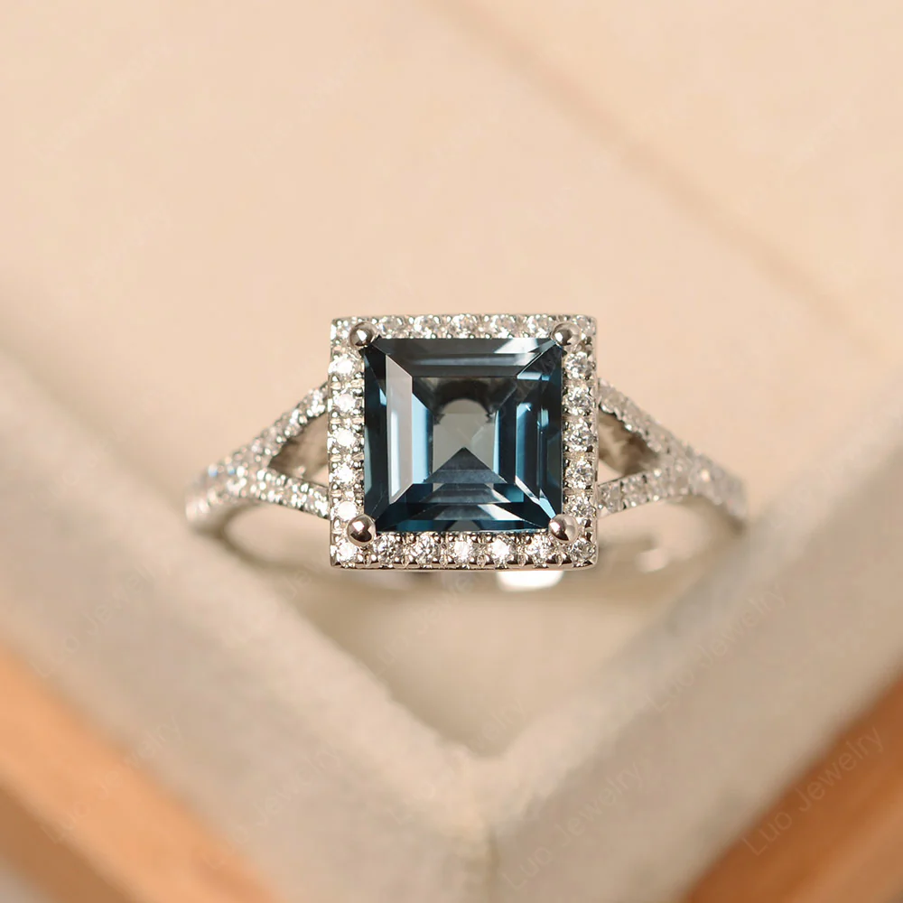 Square Cut London Blue Topaz Split Shank Halo Ring