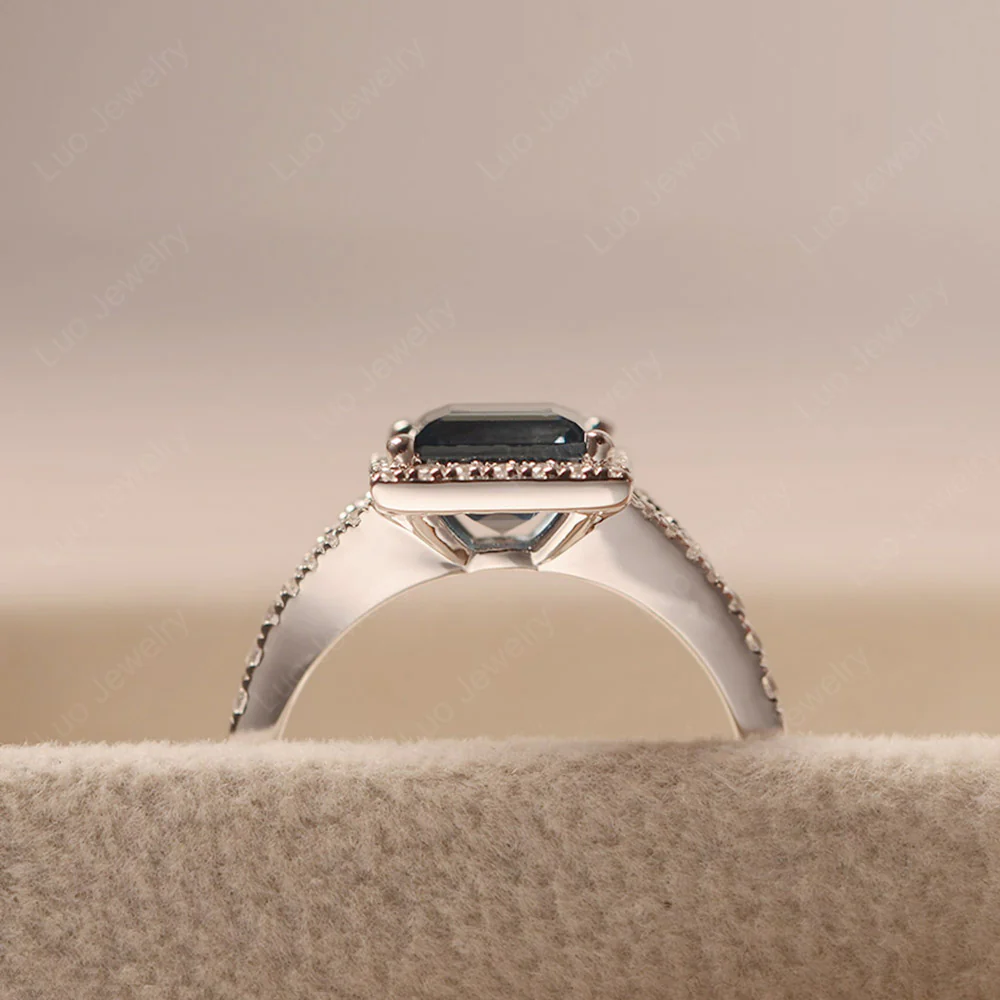 Square Cut London Blue Topaz Split Shank Halo Ring - Image 4