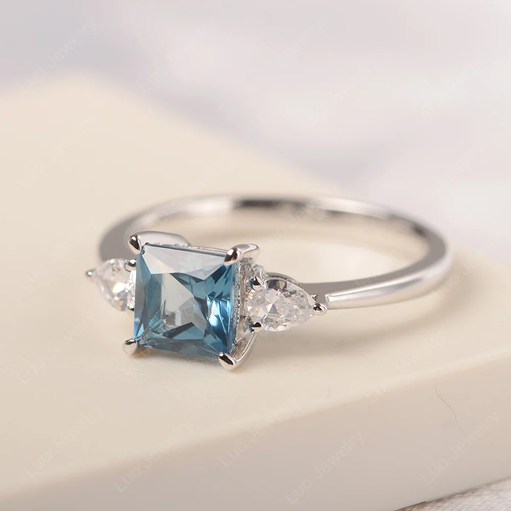 Princess Cut London Blue Topaz Ring with Pear Side Stone - Image 2