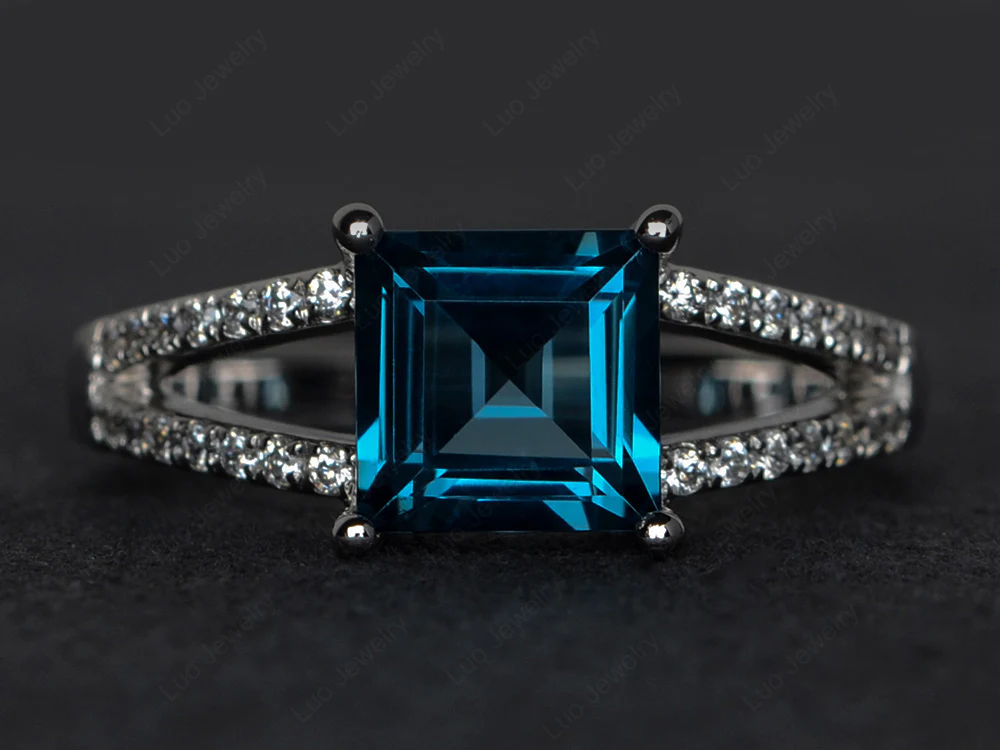 Square Cut London Blue Topaz Split Shank Ring
