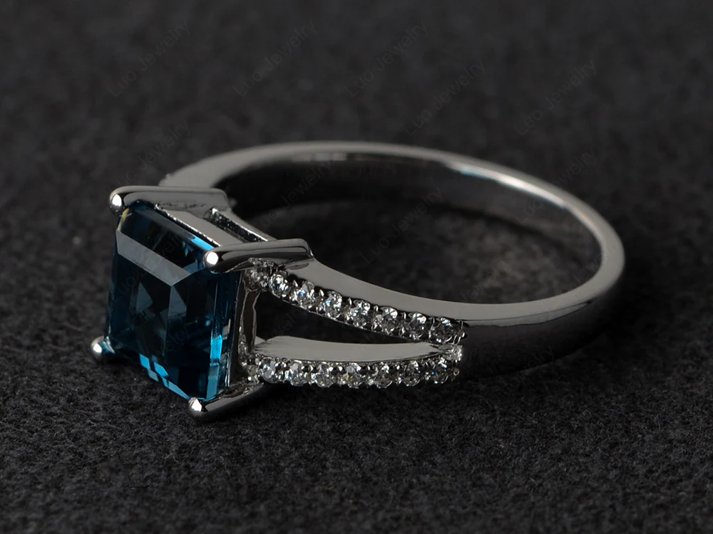 Square Cut London Blue Topaz Split Shank Ring - Image 2