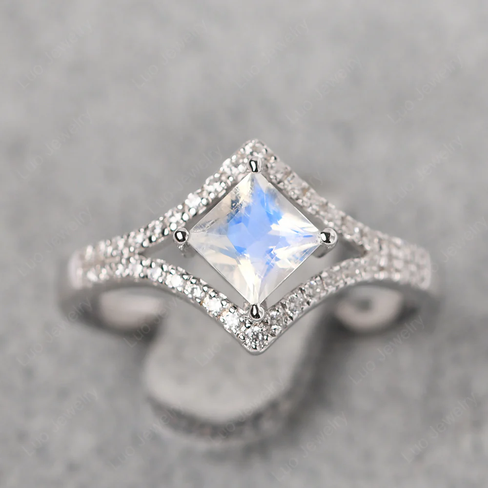 Princess Cut Moonstone Kite Set Halo Ring
