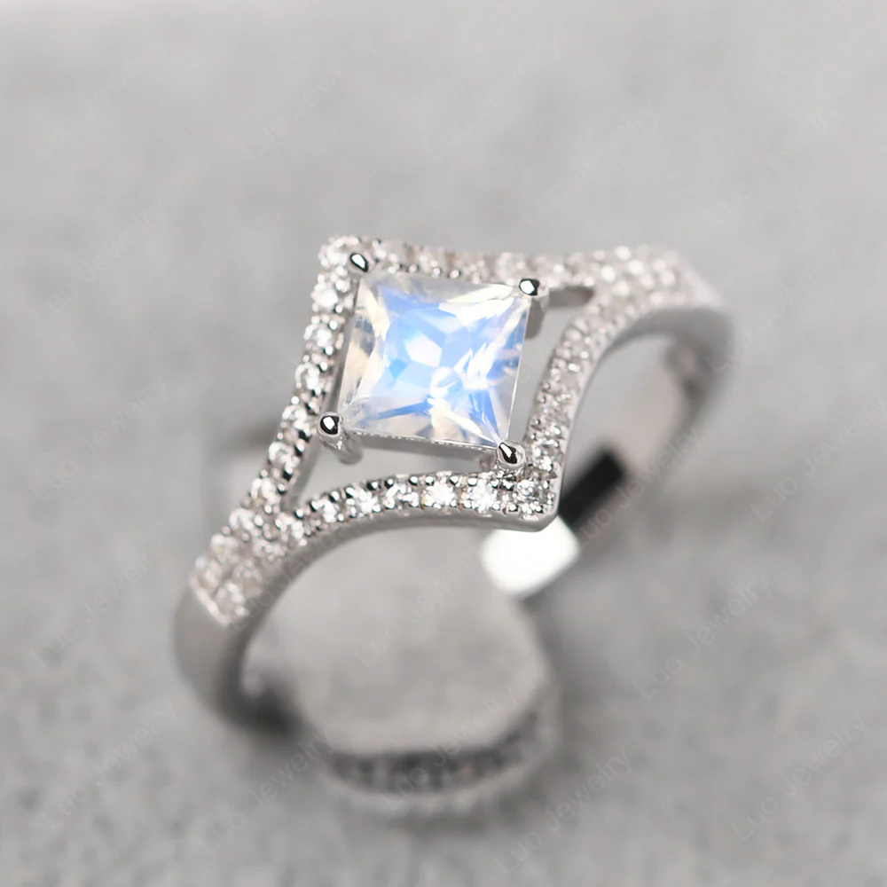 Princess Cut Moonstone Kite Set Halo Ring - Image 3