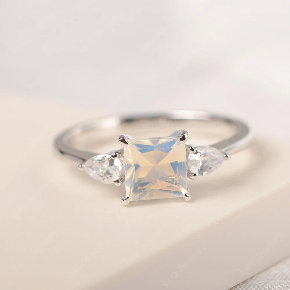 Princess Cut Moonstone Ring with Pear Side Stone