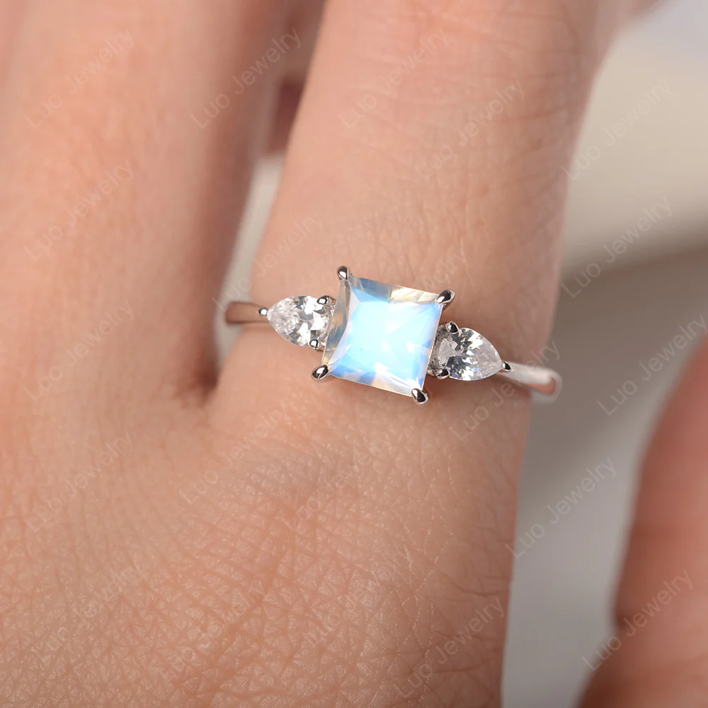 Princess Cut Moonstone Ring with Pear Side Stone - Image 5