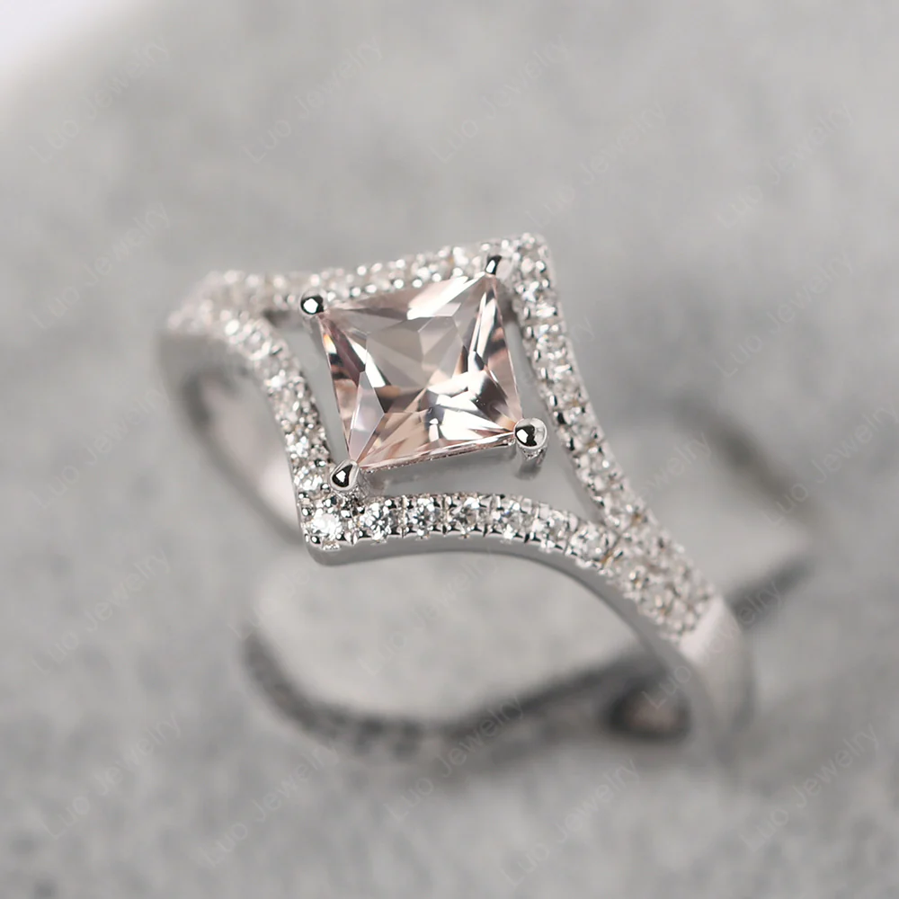 Princess Cut Morganite Kite Set Halo Ring - Image 3