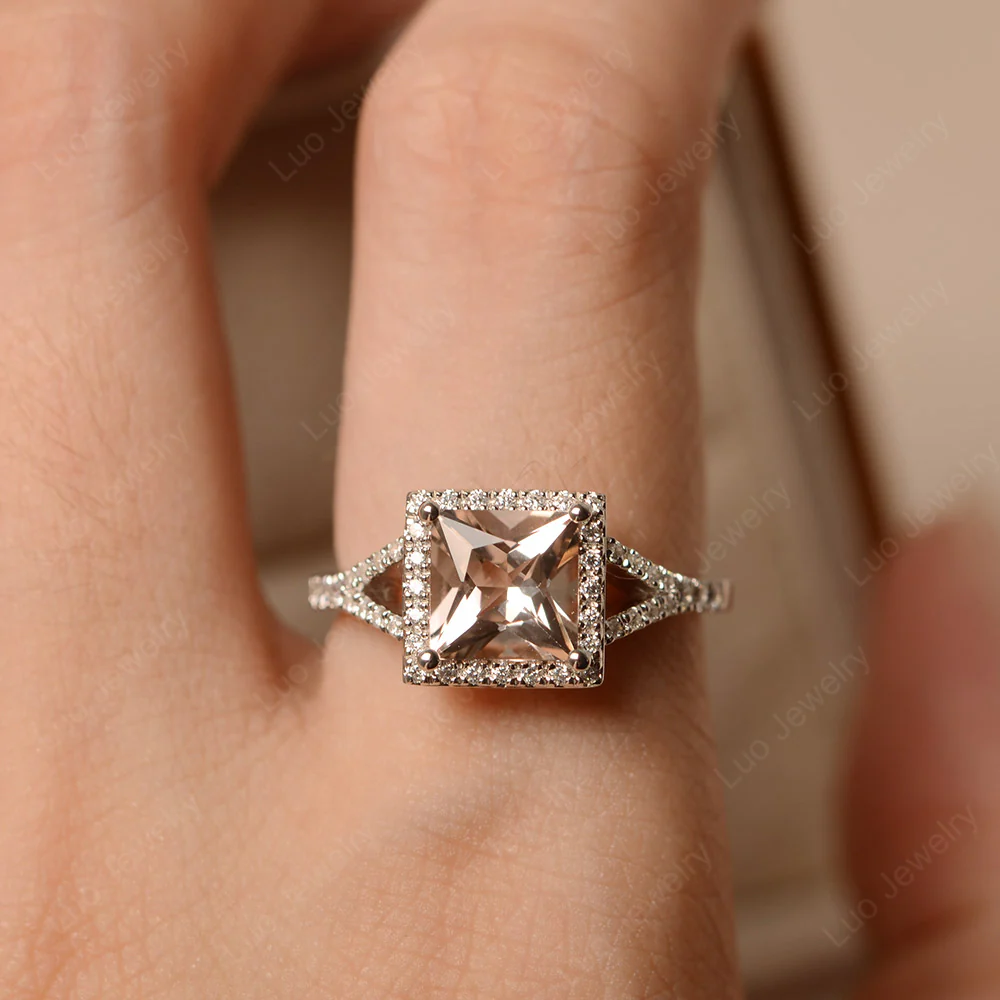Princess Cut Morganite Split Shank Halo Ring - Image 5