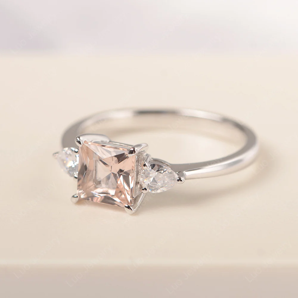 Princess Cut Morganite Ring with Pear Side Stone - Image 2