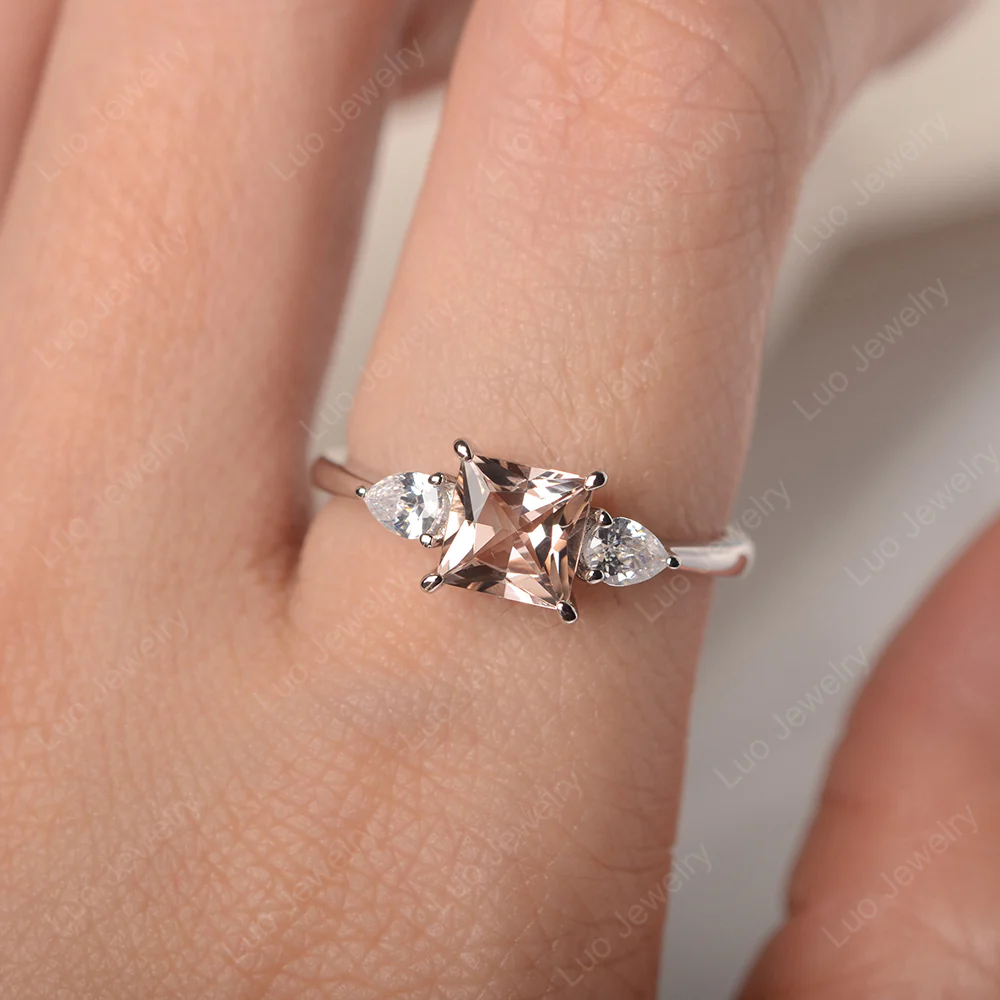 Princess Cut Morganite Ring with Pear Side Stone - Image 5
