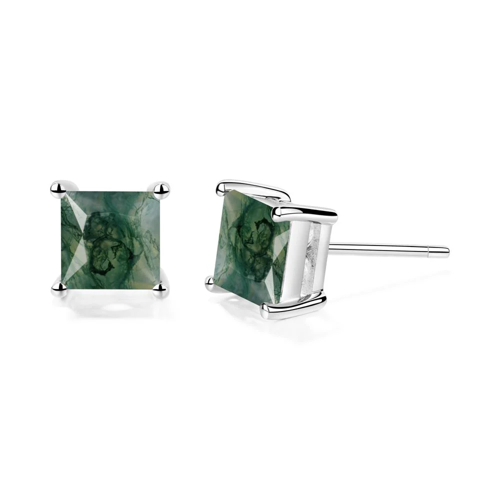 Princess Cut Moss Agate Stud Earrings - Image 7