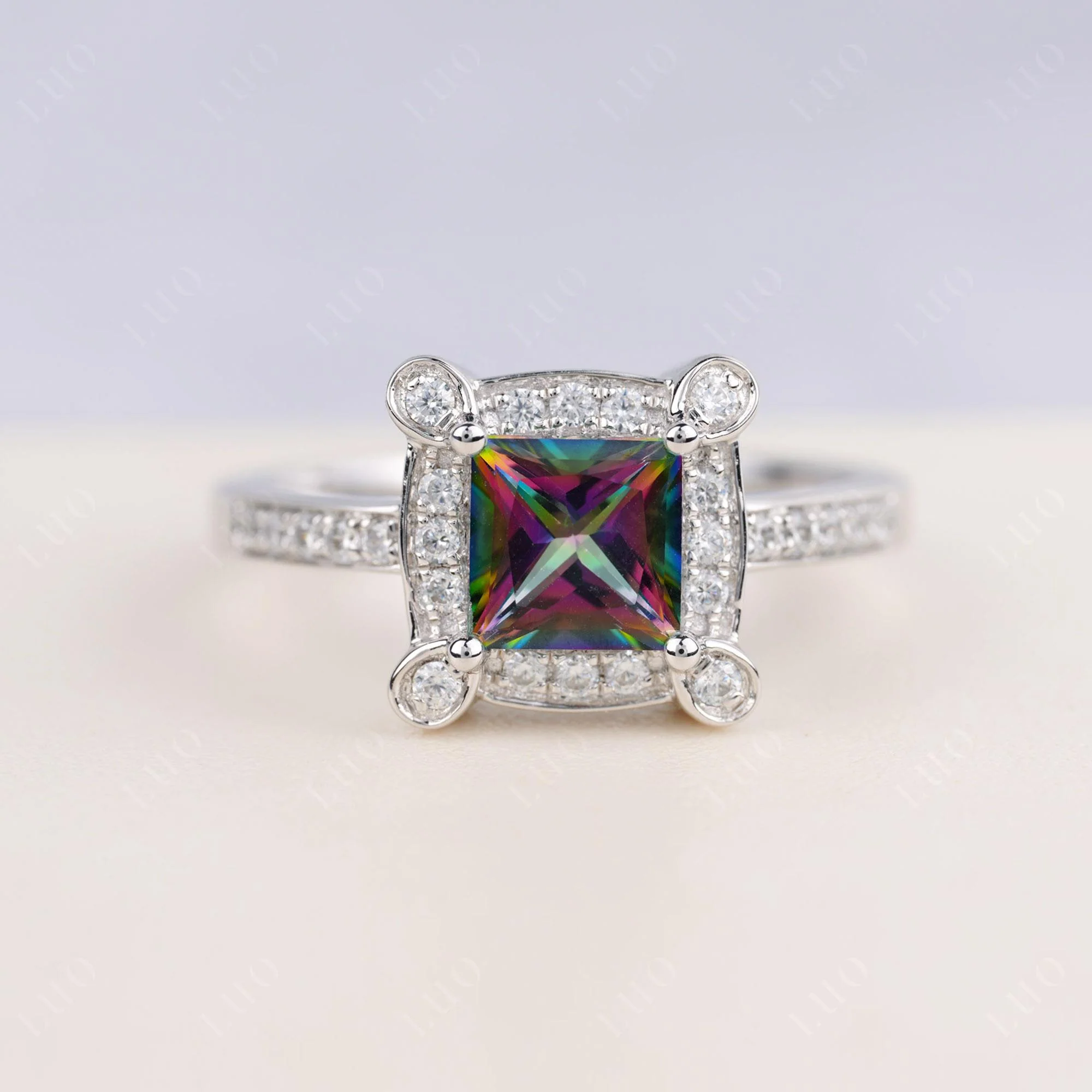 Princess Cut Mystic Topaz Halo Statement Ring