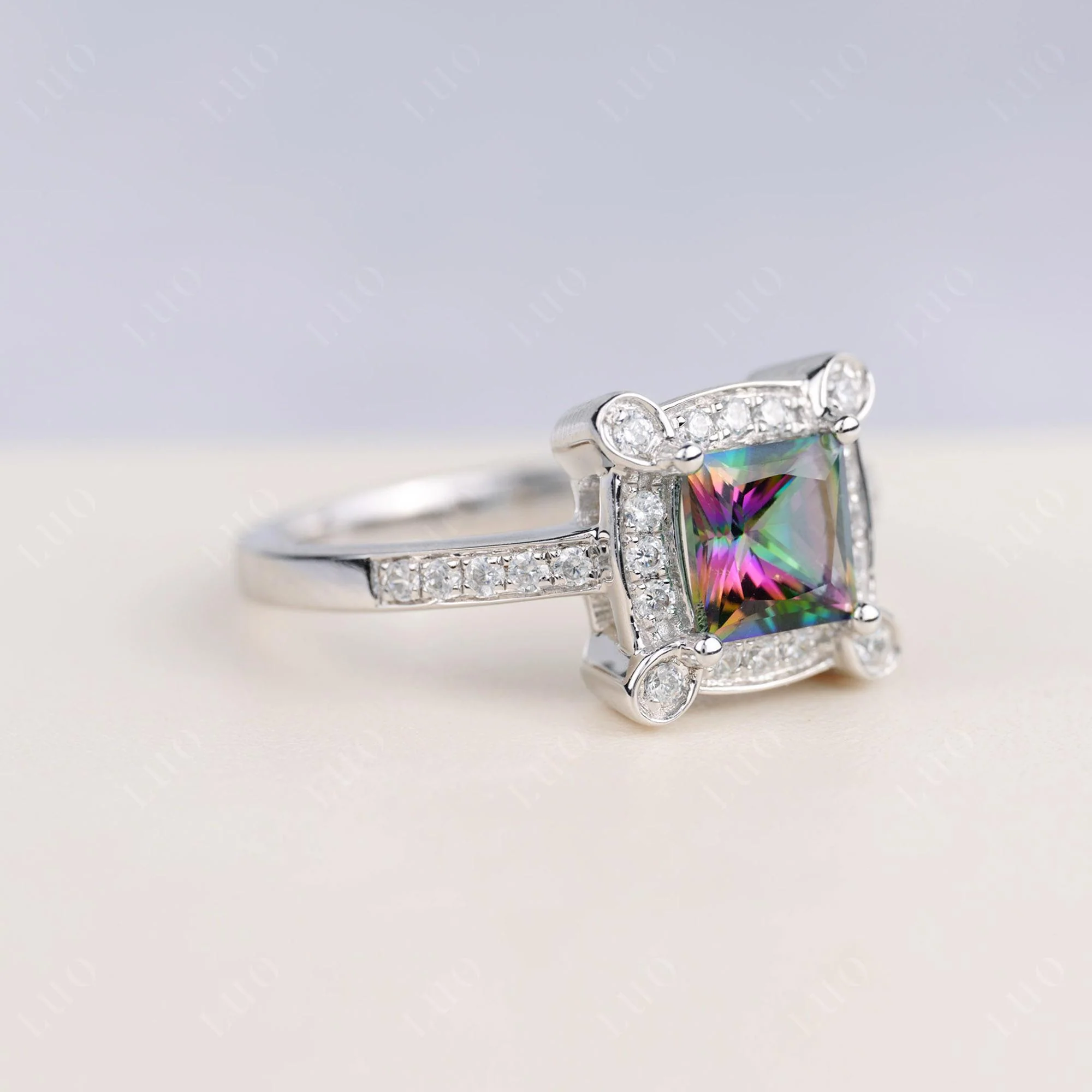 Princess Cut Mystic Topaz Halo Statement Ring - Image 2