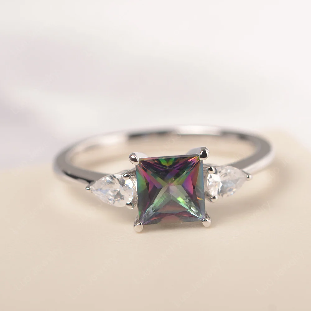 Princess Cut Mystic Topaz Ring with Pear Side Stone