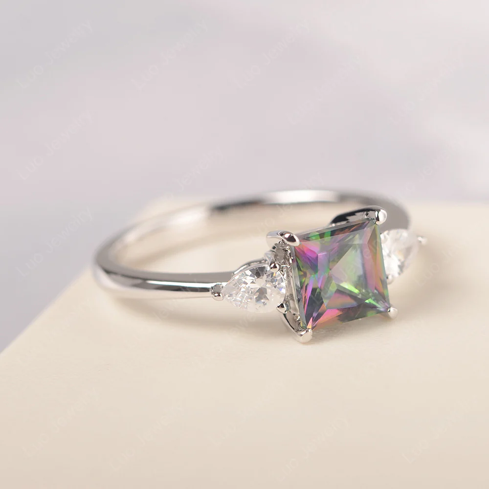 Princess Cut Mystic Topaz Ring with Pear Side Stone - Image 2