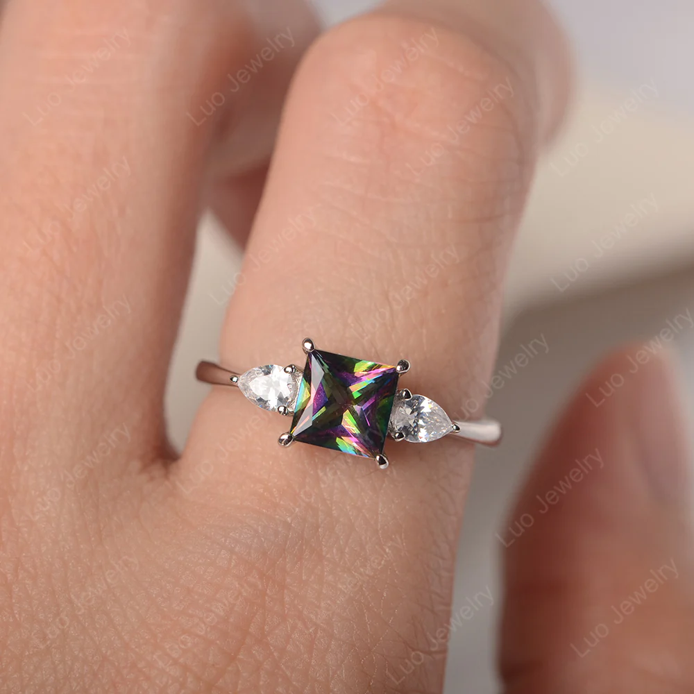 Princess Cut Mystic Topaz Ring with Pear Side Stone - Image 5